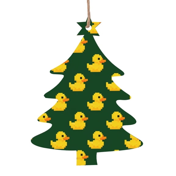 Retro Pixel Duck Pattern Wooden Christmas Ornament Christmas Tree Shape,Xmas Tree Hanging Decoration 6 PCS
