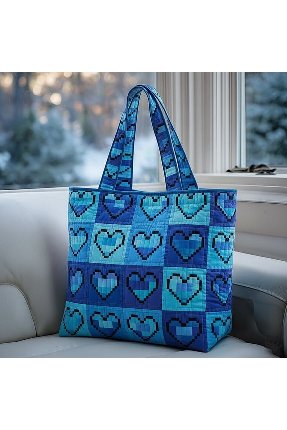 Retro Pixel Heart Quilted Tote Bag, Large Carryall for Work, School and Daily Essentials