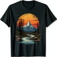 thumbnail image 1 of Retro Pixelated Mountain Range Graphic Black T-Shirt with Sunset & River, 1 of 5