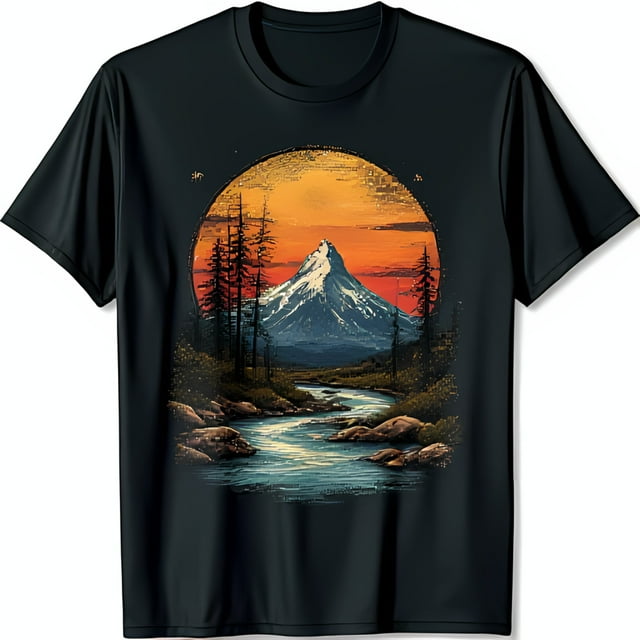 Retro Pixelated Mountain Range Graphic Black T-Shirt with Sunset & River
