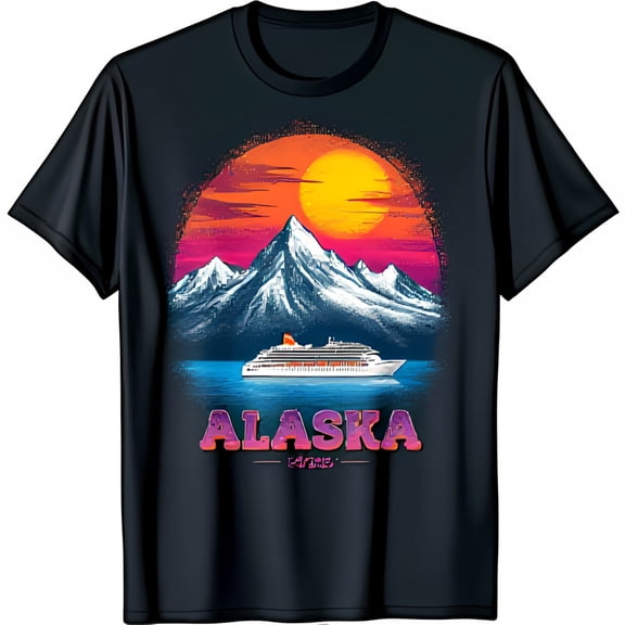 Retro Pixelated Mountain Range T-Shirt with Sunset & Cruise Ship Alaskan Wilderness Adventure