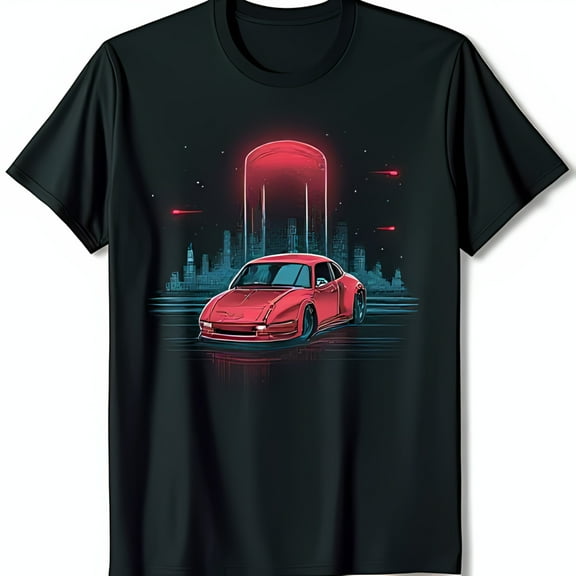 Retro Pixelated Red Car Graphic on Black T-Shirt City Design