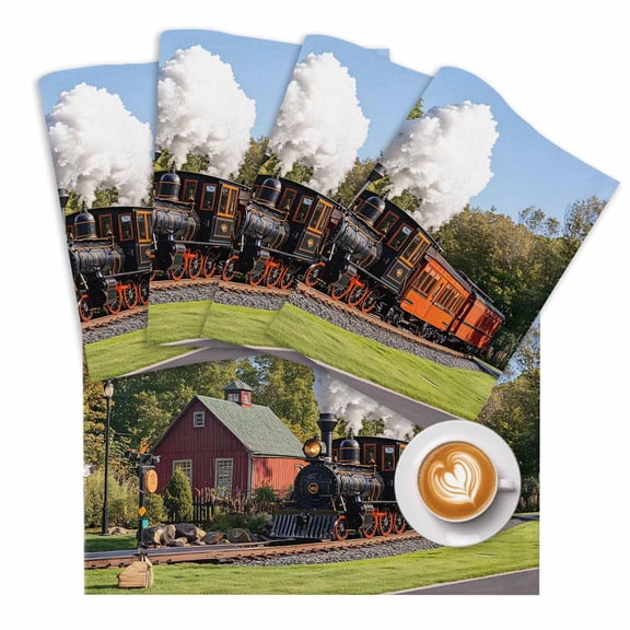 Retro Placemats Set of 1 Train Motor Vehicle Building Sky Grass Country Scenery Place Mats Washable Table Mats for Party Kitchen Dining Decoration, 13 X 19 Inch