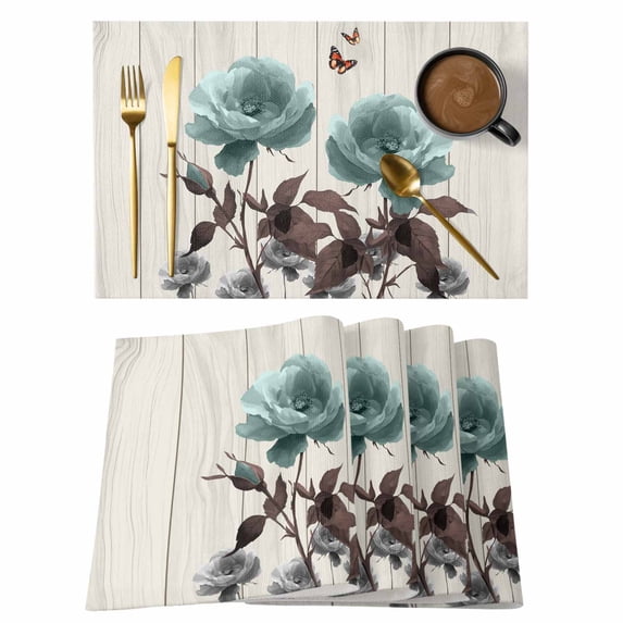 Retro Placemats Set of 12, Abstract Green Flowers Butterfly Wood Grain Non-Slip Place Mats Washable Table Mats for Kitchen Dining Table Decorations Indoor/Outdoor