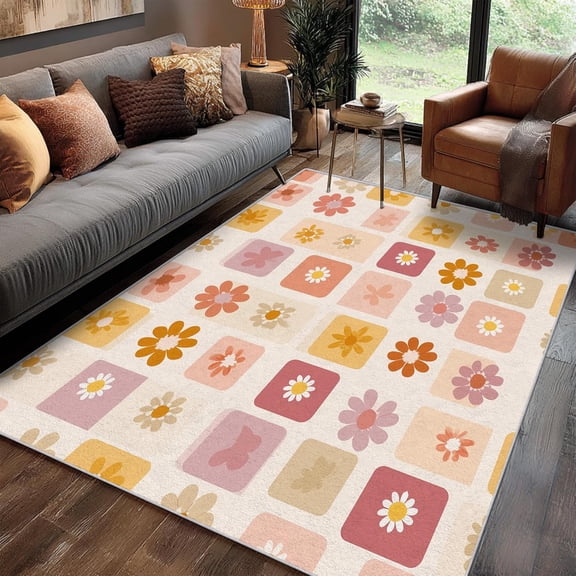 Retro Plaid Floral Checkered Area Rug, 70s Vintage Design Carpet, Washable Non Slip Soft Low Pile, Living Room Bedroom Kitchen Office Mat 5x8ft