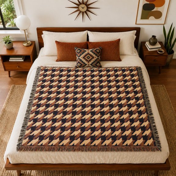 Retro Plaid Houndstooth Pattern Woven Throw Blanket, Cotton with Fringed Edges for Bed Accent