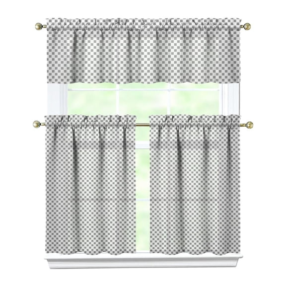 Retro Plaid Kitchen Curtains Set - Geometric Checkered Semi-Sheer Rod Pocket Window Treatment with Valance