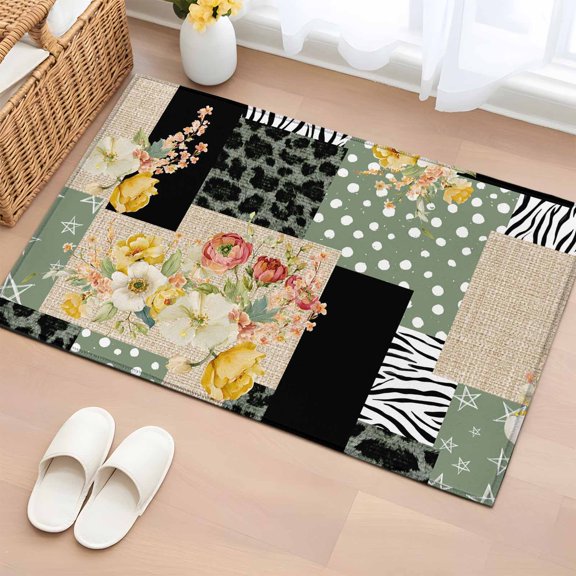 Retro Plaid Patchwork 2'x3' Rug for Entryway Front Door Kitchen Sink Area, Flowers Linen Green Polka Dots Leopard Low Pile Washable Non Slip Rectangle Area Rug