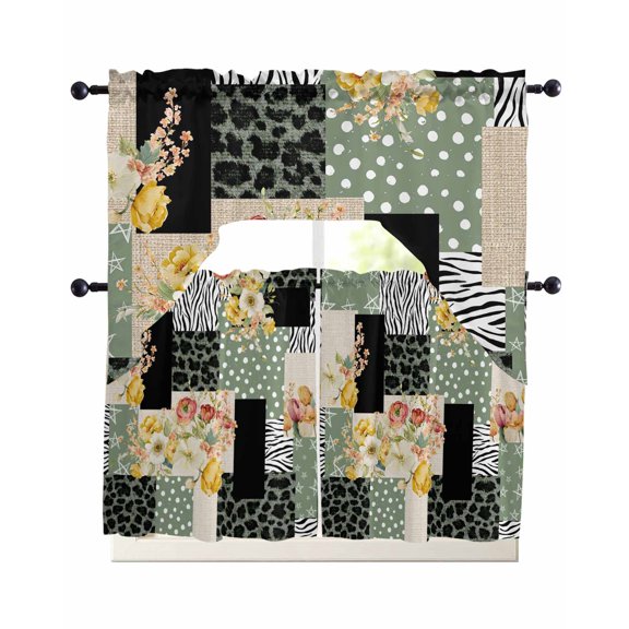 Retro Plaid Patchwork 3 Piece Swag Kitchen Curtains Set Valance and Tier Curtains 24 Inches Long, 56" x 36" Window Topper Flowers Linen Green Polka Dots Leopard for Cafe Bathroom Bedroom
