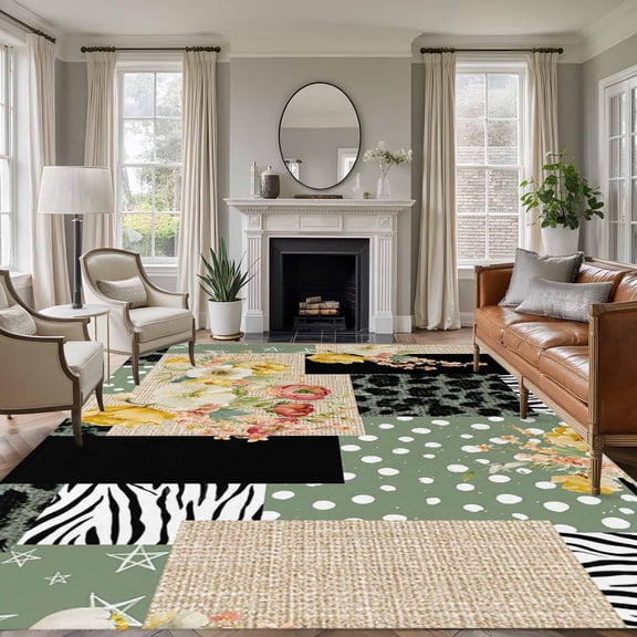 Retro Plaid Patchwork 5'x7' Rug for Living Room Sofa and Coffee Table Layout, Flowers Linen Green Polka Dots Leopard Washable Non Slip Rectangle Area Rug