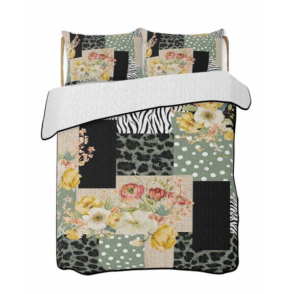 Retro Plaid Patchwork Quilts Bedding Set Queen Size Flowers Linen Green Polka Dots Leopard Lightweight Quilted Bedspread 3 Piece Bed Quilt with 2 Pillow Shams All Season for Bedroom 78" x 90"