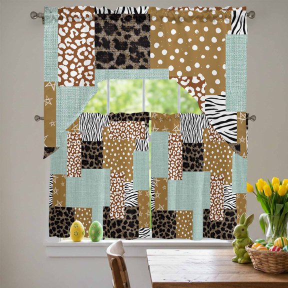 Retro Plaid Patchwork Swag Curtains Valance & Tier Set, Green Linen Brown Polka Dots Leopard 3 Pcs Set Kitchen Swag Valances and Tiers 24 Inch Length Rod Pocket Curtain Drapes for Bedroom