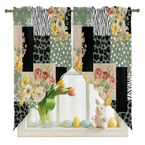 Retro Plaid Patchwork Swag Kitchen Curtain Valances, Flowers Linen Green Polka Dots Leopard Rod Pocket Curtains Window Treatment Decor Valances for Bedroom Bathroom, 2 Panels 36 x 36 Inch