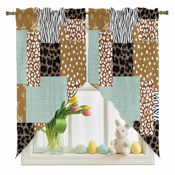 Retro Plaid Patchwork Swag Kitchen Curtain Valances, Green Linen Brown Polka Dots Leopard Rod Pocket Curtains Window Treatment Decor Valances for Bedroom Bathroom, 2 Panels 36 x 36 Inch