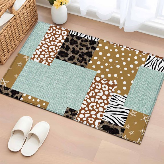 Retro Plaid Patchwork Washable Area Rug 2 x 3 ft Green Linen Brown Polka Dots Leopard, Soft Non Slip Rugs Stain Repellent Indoor Felt Carpet for Living Dining Room Bedroom Home Office