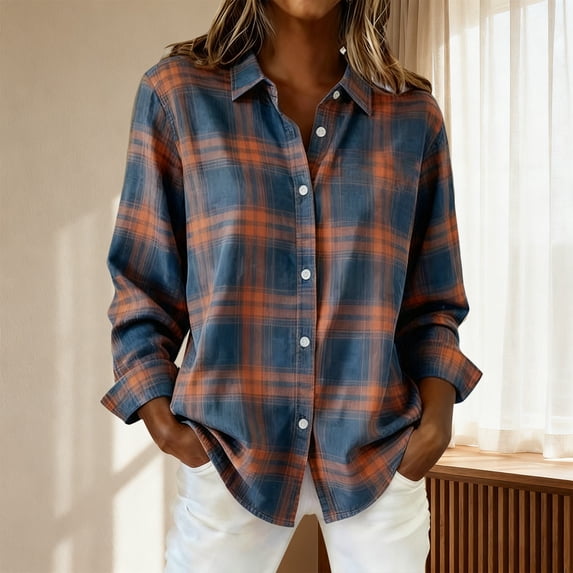 Retro Plaid Print Shirt Collared Blouses Plaid Shackets Dressy Work Tops Plaid Blouses For Women Plaid Button Up Patchwork Button Down Shirts Plaid Shirt Patchwork Shirt Contrast Color Blue 3XL