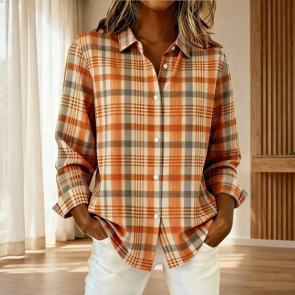 Retro Plaid Print Shirt Contrast Color Plaid Fall Blouses Patchwork Shirt Plaid Shirt Long Sleeve Dressy Work Tops Plaid Button Up Patchwork Button Down Shirts Lightweight Fall Blouses Orange L