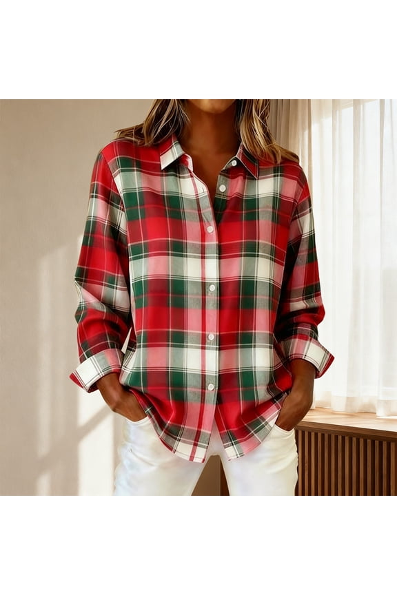 Retro Plaid Print Shirt Plaid Blouses For Women Trendy Tunic Tops Plaid Button Up Plaid Shackets Shirts for Women Patchwork Button Down Shirts Patchwork Shirt Contrast Color Red 3XL