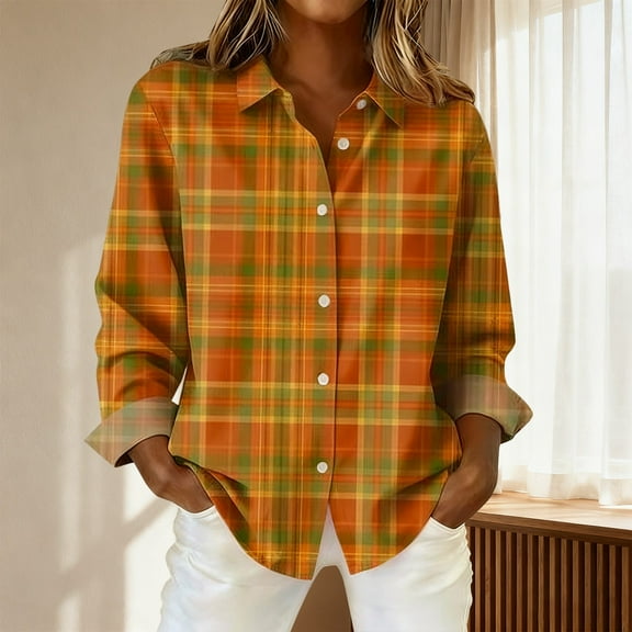 Retro Plaid Print Shirt Plaid Fall Blouses Contrast Color Patchwork Shirt Patchwork Button Down Shirts Plaid Blouses For Women Plaid Shirt Long Sleeve Collared Blouses Dress Shirt Orange XL