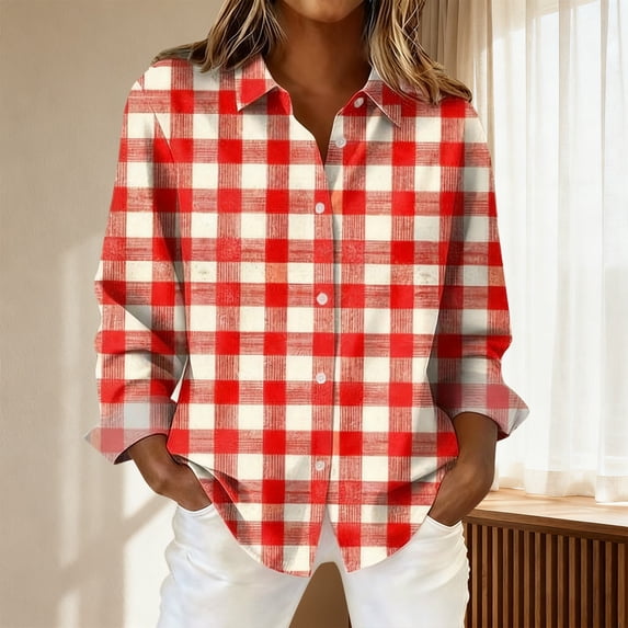 Retro Plaid Print Shirt Plaid Fall Blouses Oversized Fall Tops Patchwork Button Down Shirts Plaid Shirt Plaid Button Up Shirts for Women Plaid Blouses For Women Dressy Work Tops Red 3XL