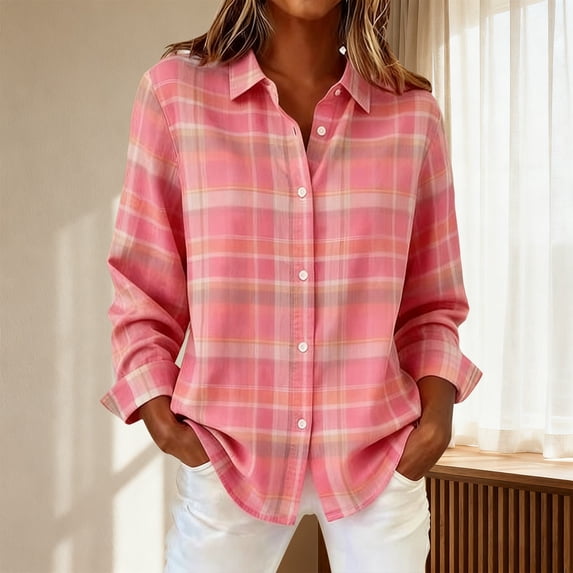 Retro Plaid Print Shirt Plaid Fall Blouses Plaid Blouses For Women Dress Shirt Dressy Work Tops Long Sleeve Plaid Button Up Patchwork Button Down Shirts Plaid Shirt Trendy Tunic Tops Pink XXL