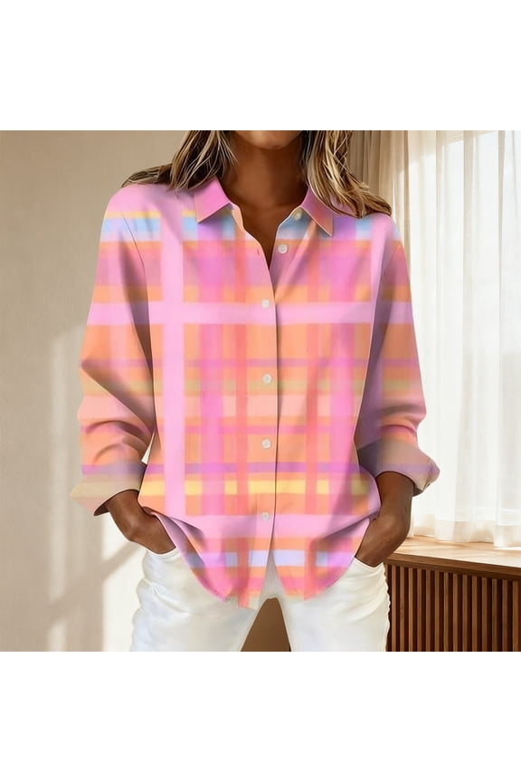Retro Plaid Print Shirt Plaid Fall Blouses Trendy Tunic Tops Plaid Button Up Dressy Work Tops Patchwork Shirt Patchwork Button Down Shirts Collared Blouses Contrast Color Long Sleeve Pink 3XL