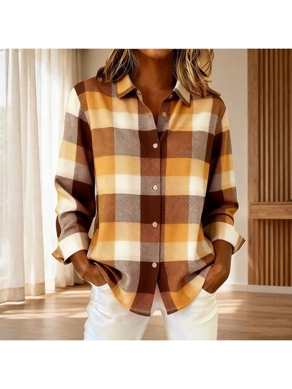 Retro Plaid Print Shirt Plaid Shackets Plaid Blouses For Women Long Sleeve Collared Blouses Plaid Fall Blouses Contrast Color Plaid Button Up Patchwork Button Down Shirts Fall Outfits Coffee XL