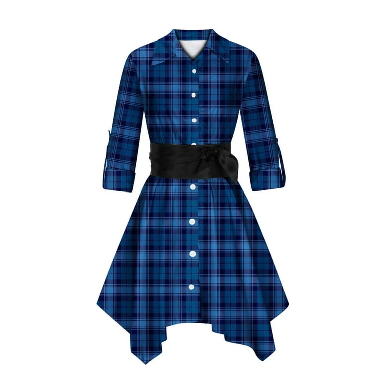 Retro Plaid Shirt Dress for Women Button Down Rolled Long Sleeve Collar A Line Asymmetrical Hem Belted Dress S XXL Medium Blue Walmart