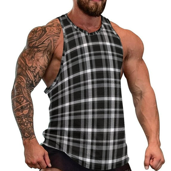 Retro Plaid Tank Top Black And White Check Trendy Tops Daily Gym Males Design Sleeveless S