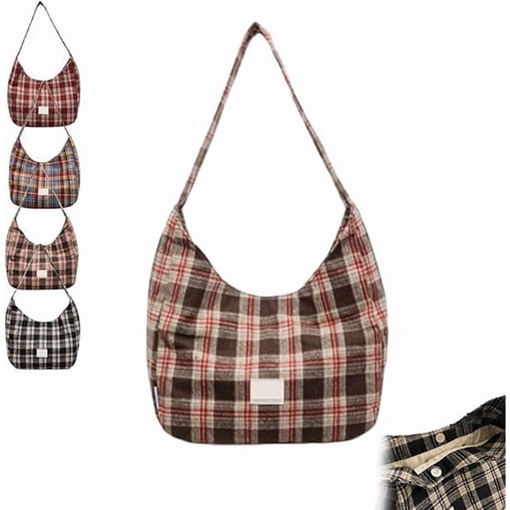 Retro Plaid Underarm Bag, Canvas Hobo Crossbody Tote, Slouchy Crescent Shoulder Purse for Women, for Travel(Coffee)