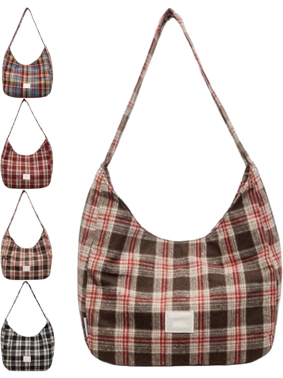 Retro Plaid Underarm Bag, Spring/Summer Canvas Hobo Crossbody Bag, Soft Slouchy Casual Commuter Bag, Large Canvas Tote