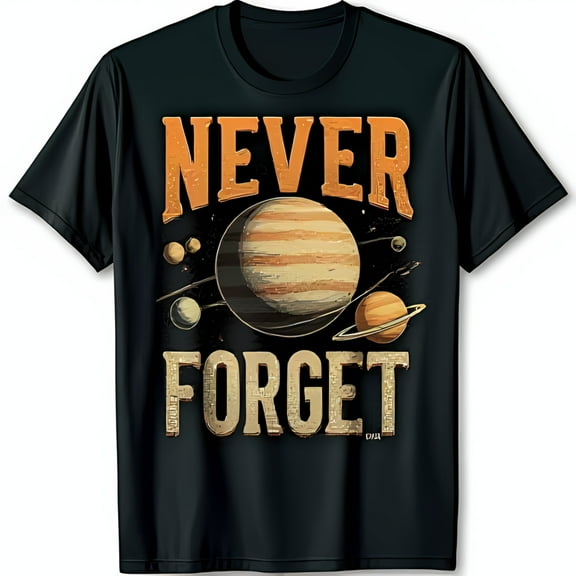 Retro Planet Graphic Black T-Shirt NEVER FORGET Bold Design