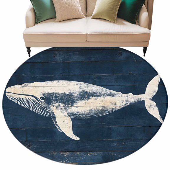 Retro Plank Round&nbsp;Area Rug&nbsp;6 ft Graceful Whale in Oceanic Watercolor Washable Rugs for Living Room, Non Slip Soft Carpet for Bedroom Entryway Dining Room