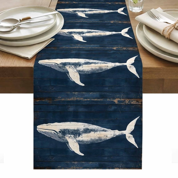 Retro Plank Table Runner 13 x 36 Inch, Graceful Whale in Oceanic Watercolor Washable Cotton Linen Dining Table Runner Tabletop Decorations for Restaurant Home Kitchen Party