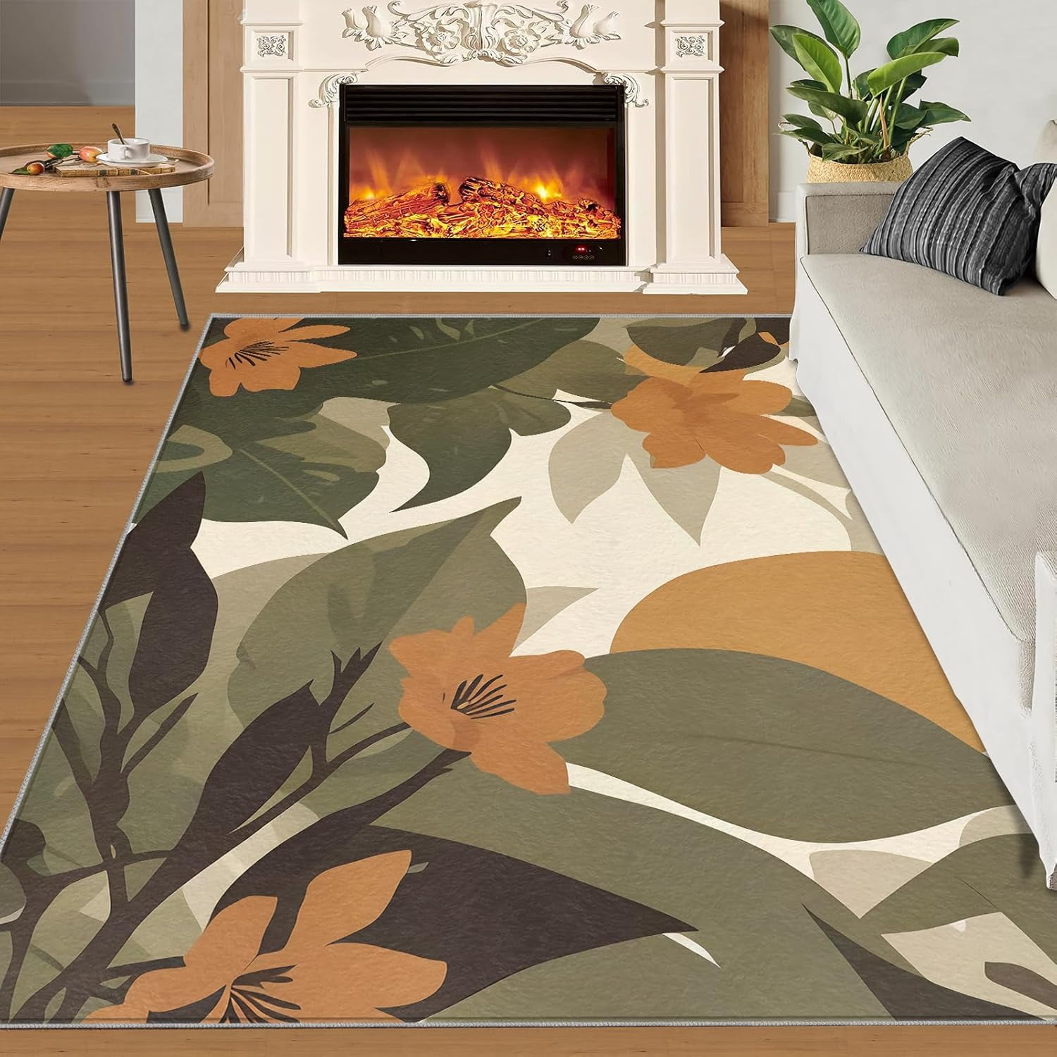 Retro Plants Flower Leaves Print Bedroom Rug ，Modern Abstract Green Rug ...