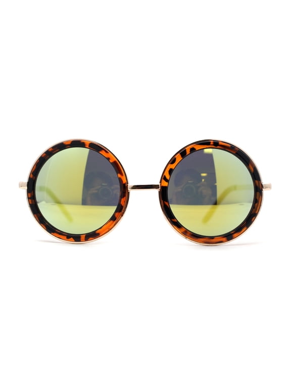 Retro Plastic Side Visor Round Circle Lens Double Rim Sunglasses Tortoise Yellow Mirror