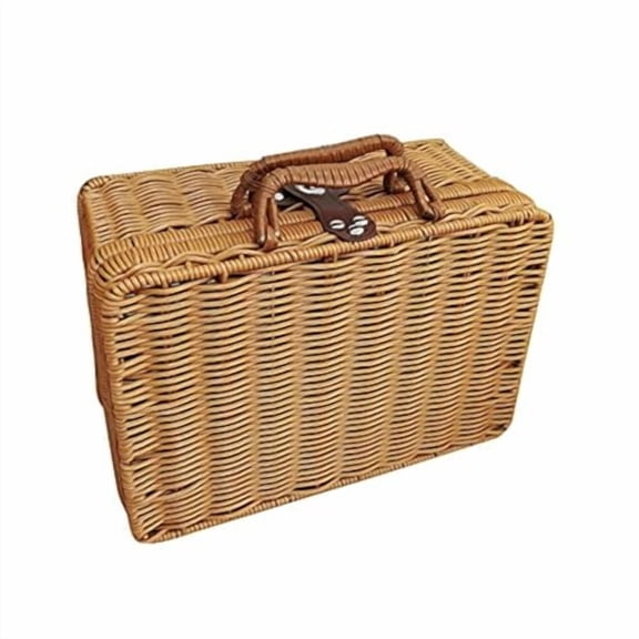 Retro Plastic Wicker Suitcase, Rattan Suitcase Box with Leather Strap Lock, Wicker Picnic Basket Storage Box for Picnic Outside Party