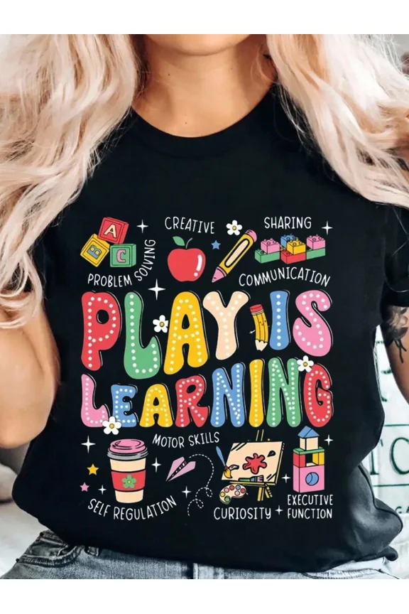 Retro Play Is Learning Educational Teacher Graphic T-Shirt - Cute Preschool Pre-K School Apparel - Inspirational Motivational Professional Educator Tee for Women