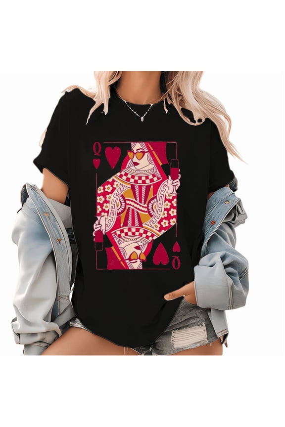 Queen of Hearts Valentine Tee - Vintage Playing Card Graphic T-Shirt, Romantic Cotton Tops for Women & Couples