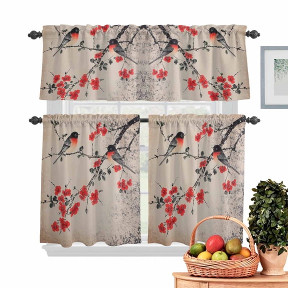 Retro Plum Kitchen Curtains Valances 3 Piece Set, Blossom Flower Little Yellowbird Pattern Rod Pocket Tier Curtain and Valance Drapes for Small Window 24 Inch Length for Bedroom Cafe