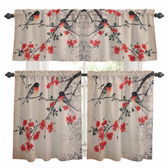 Retro Plum Kitchen Curtains Valances and Tiers Set of 3 Blossom Flower Little Yellowbird Pattern Tier Curtains and Valance with Rod Pocket for Small Windows, 27.5"x24"