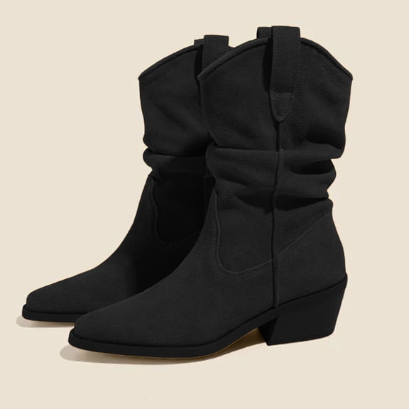Retro Pointed Slim And Thick Heel Stacking Boots 2025 And Winter Mid Length Boots Western Boots Denim Short Boots For Women
