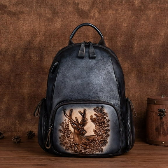 Retro Polished Top Layer Cowhide Personalized Deer Head Backpack,Retro black and grey