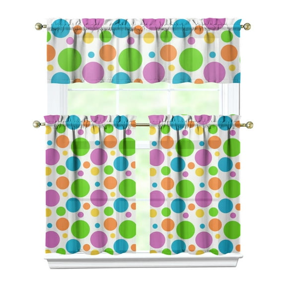 Retro Polka Dot Aesthetic Kitchen Curtains 3-Piece Set - Colorful Dots Geometric Pattern Tier & Valance, Easy Care Semi-Sheer Fabric