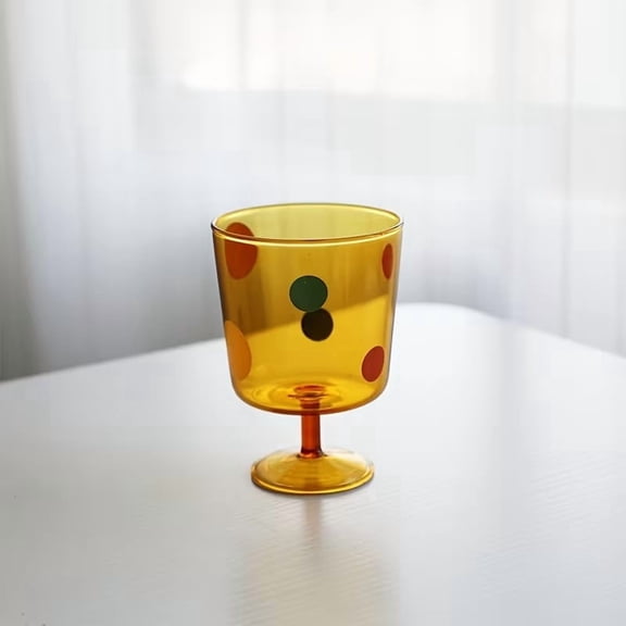 Retro Polka Dot Amber High Footed Glass Cup - Vintage Drinkware for Coffee, Juice, and Desserts