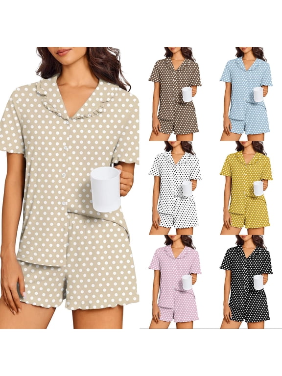 Retro Polka Dot Pajama Set for Women - Short Sleeve Button Down Sleep Shirt & Ruffle Shorts, 2-Piece Loungewear Set Brown XXL