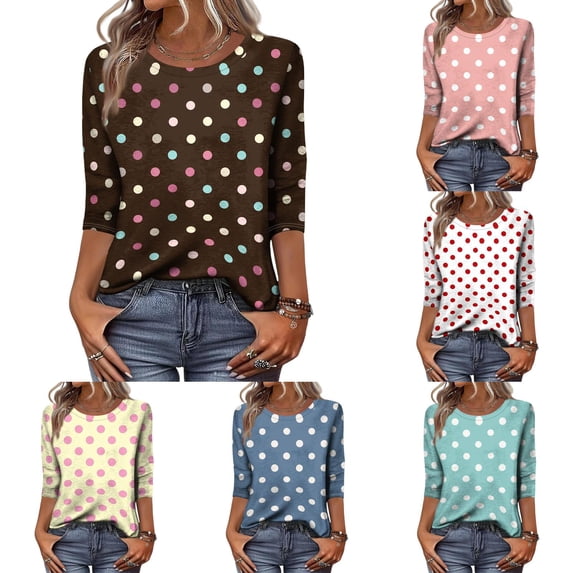 Retro Polka Dot Top for Women, 3/4 Sleeve Crew Neck T-Shirt - Soft Casual Festival Tee with Loose Fit Multicolor XXXXL
