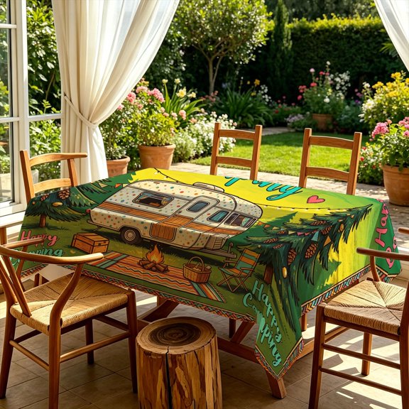 Retro Polka Dot Travel Trailer Happy Camping 2D Print Tablecloth, Decorative Cover for Kitchen Dining Backyard Patio Outdoor Gatherings, Ideal Christmas Gift for Camping Enthusiasts