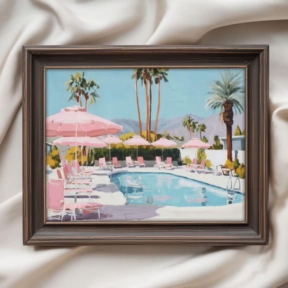 Retro Poolside Wall Art, Mid Century Modern Print, Pink Palm Landscape Painting, Matte Canvas Stretched, Posters for Room Bedroom Living Room Bathroom Wall Decor, Posters & Art Prints, Gift.