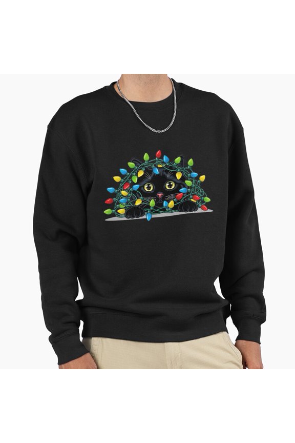 Retro Pop Art Black Cat Unisex Sweatshirt Tangled Christmas Lights Holiday Graphic G7081, Up to Size 5XL